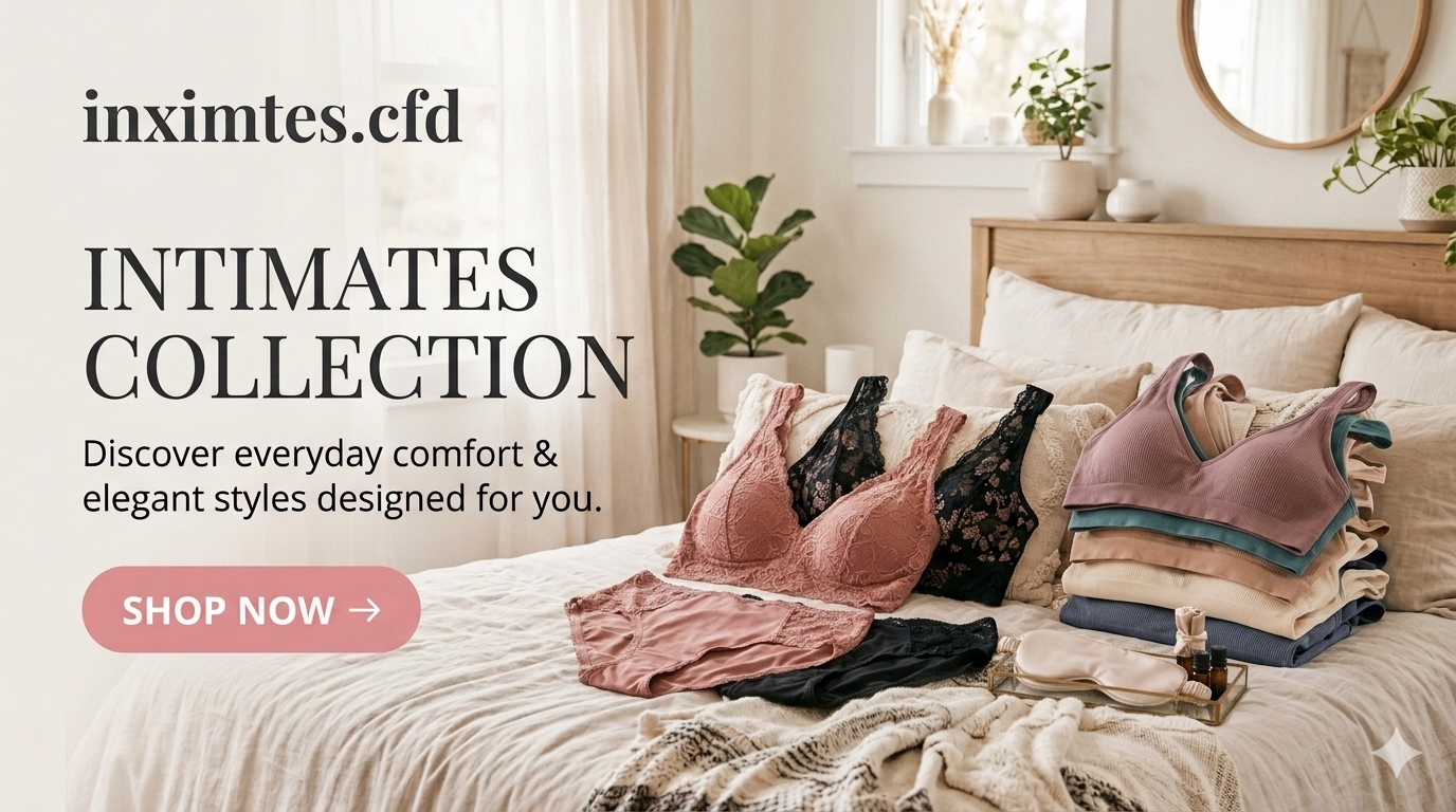 A professional e-commerce website banner featuring a selection of best-selling intimate apparel, including elegant lace bralettes and folded satin sleepwear arranged beautifully on a bed in a bright,