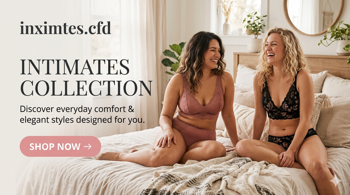 A professional e-commerce website banner featuring a selection of best-selling intimate apparel, including elegant lace bralettes and folded satin sleepwear arranged beautifully on a bed in a bright,