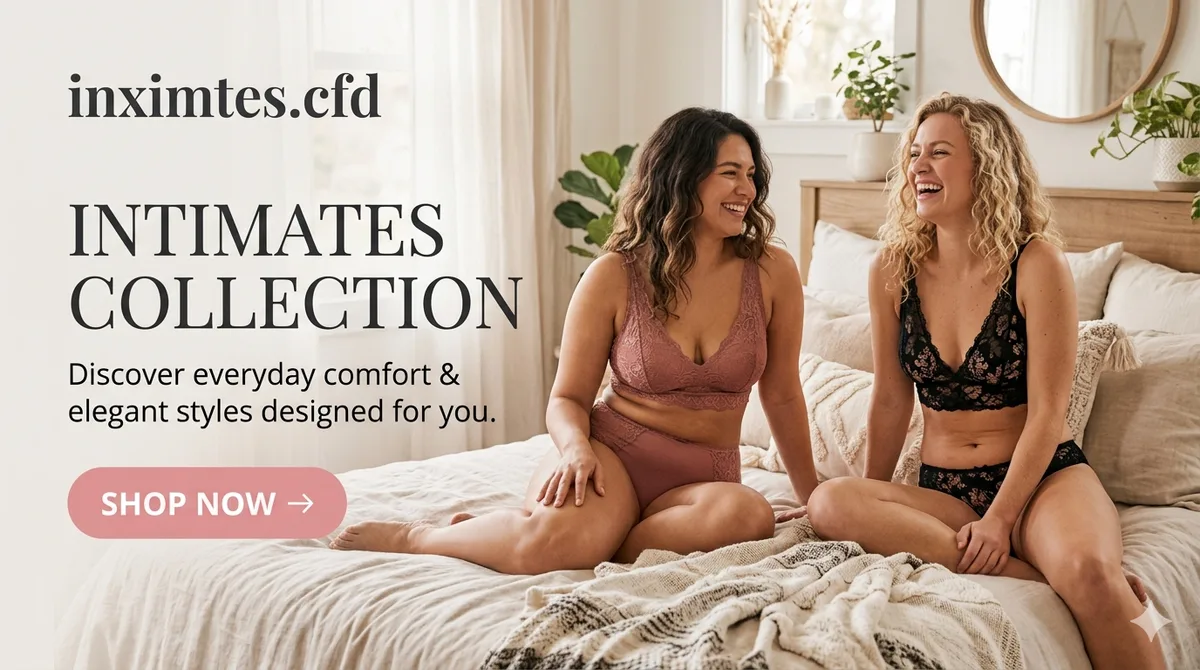 A professional e-commerce website banner featuring a selection of best-selling intimate apparel, including elegant lace bralettes and folded satin sleepwear arranged beautifully on a bed in a bright,